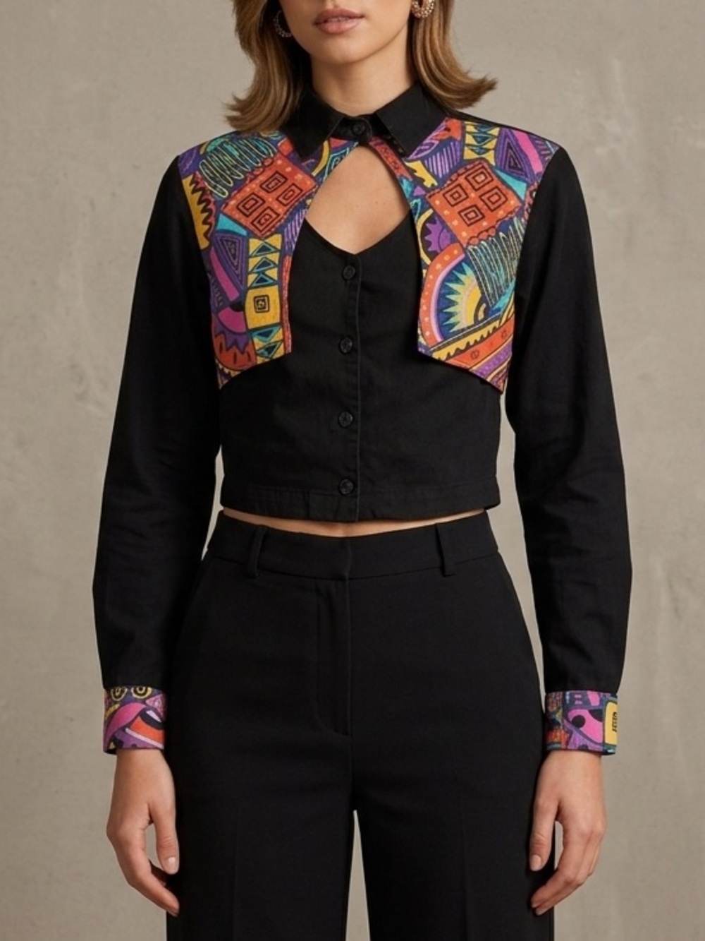 Vintage Crop Button-Up Top Shirt Geometric Yoke Patterns Women’s Size Small